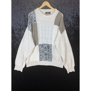 Vintage Orvis Long Sleeve Knitted Sweater Mens L Beige Geometric Patchwork